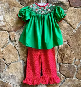 Emerald Green Smocked Christmas Santa Ruffled Pants Set