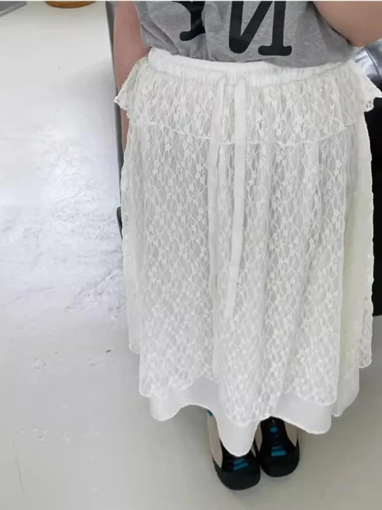 Faldas Mujer De Moda Vintage Lace Skirt for Women's High Waist A-line Jupe Fashion Korean Saia Loose Summer Sweet Skirts