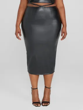 Fashion To Figure - Denisse Faux Leather Waist Strap Midi Skirt