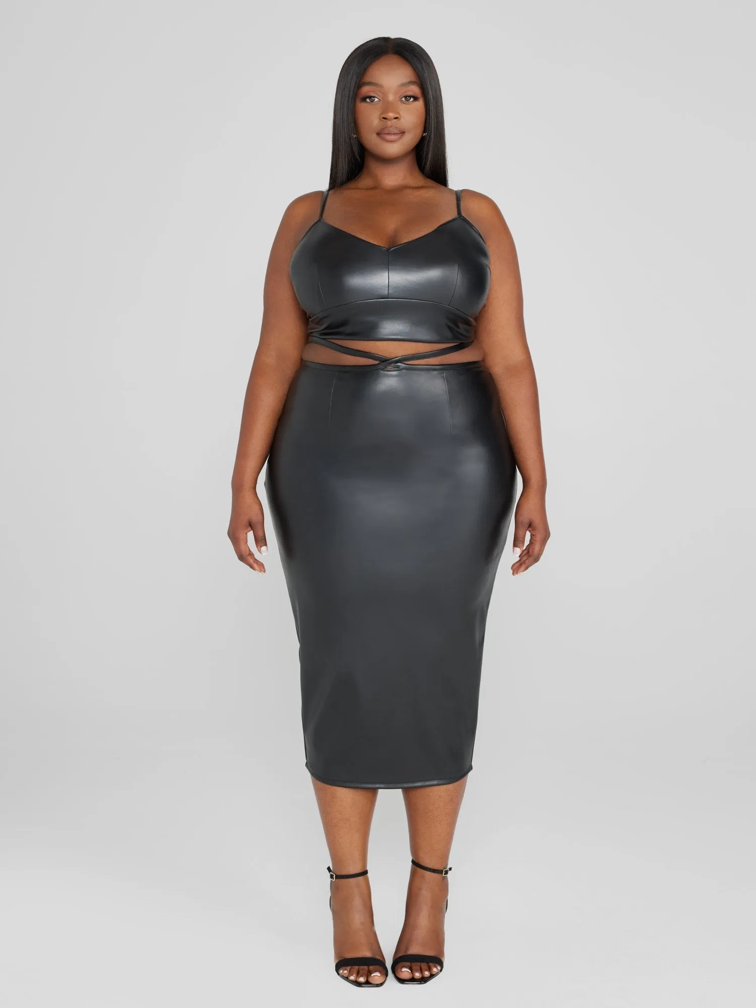 Fashion To Figure - Denisse Faux Leather Waist Strap Midi Skirt