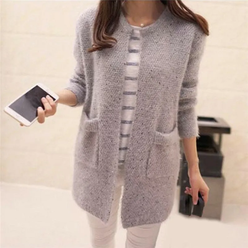 FashionSierra - Solid Color Pockets Knitted Sweater Tunic Cardigan
