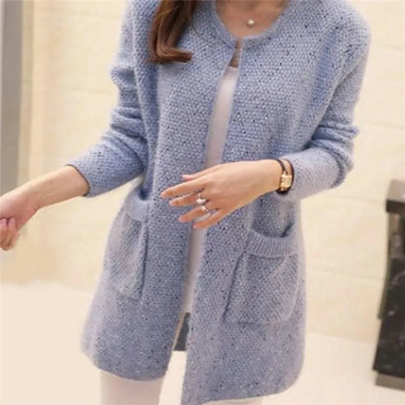 FashionSierra - Solid Color Pockets Knitted Sweater Tunic Cardigan