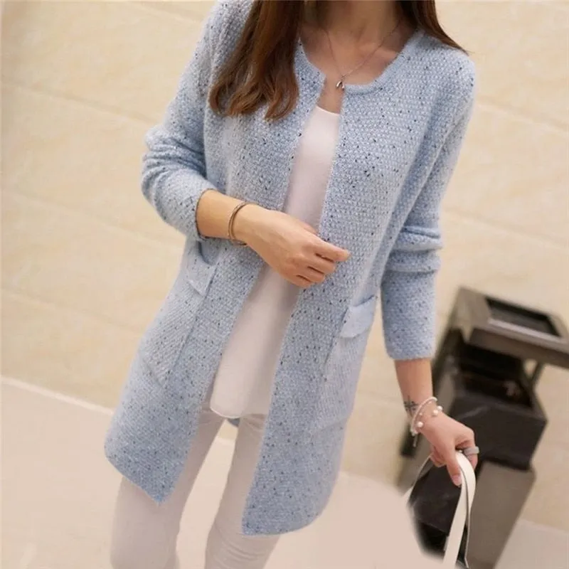 FashionSierra - Solid Color Pockets Knitted Sweater Tunic Cardigan
