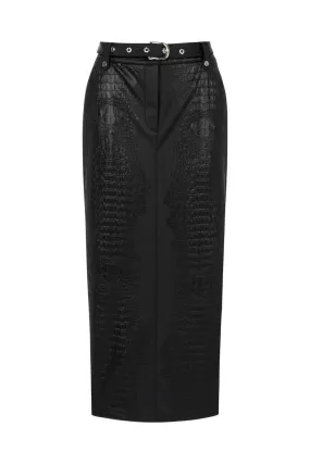 Faux Leather Midi Skirt with Belt