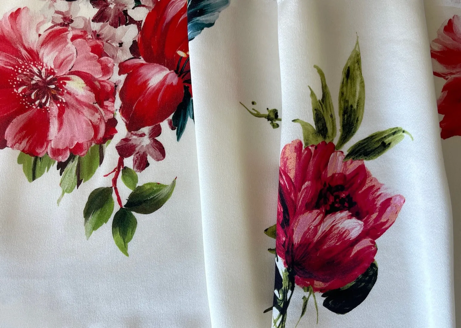 Fragrant Blooming Peonies on Ivory Stretch Silk Satin Charmeuse (Made in Italy)