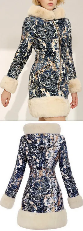 Fur-Trim Paisley Puffer Coat