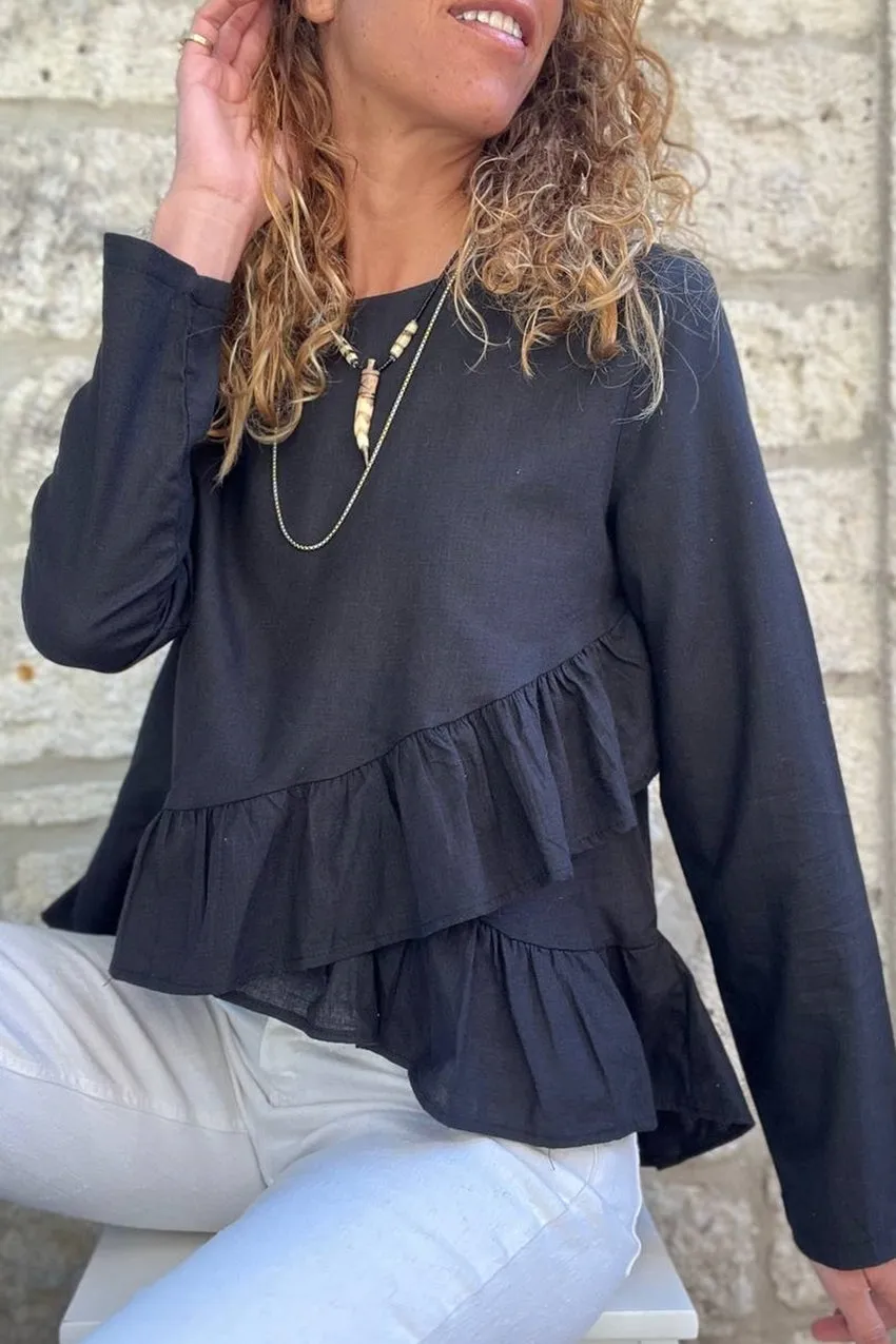 GNS Woman Black Skirt Layered Ruffled Voile Blouse BST700-3571 - Kolomyia