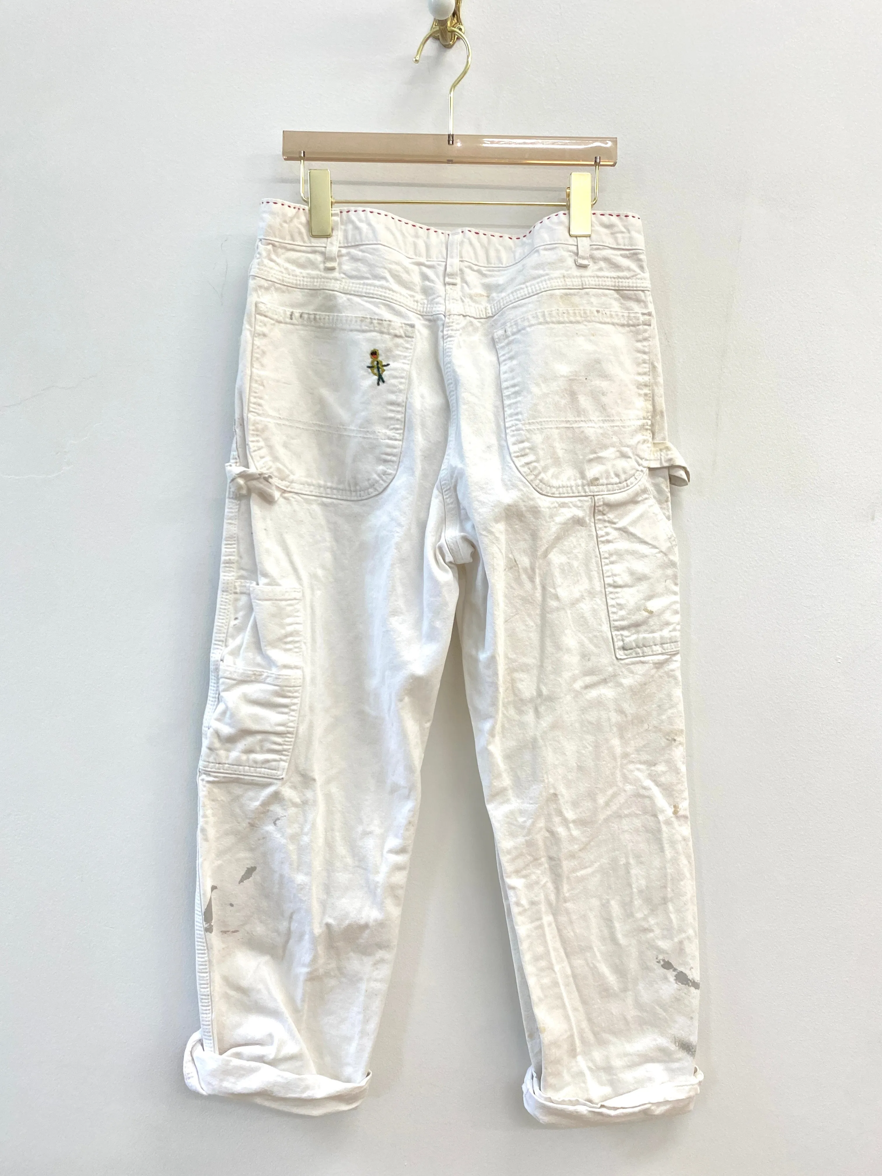 Grey & Tan Splatter Paint White Pants w/ Cracker Jack Charm & Vibrant Colors Hand Embroidered Garden Ladies (Reworked)