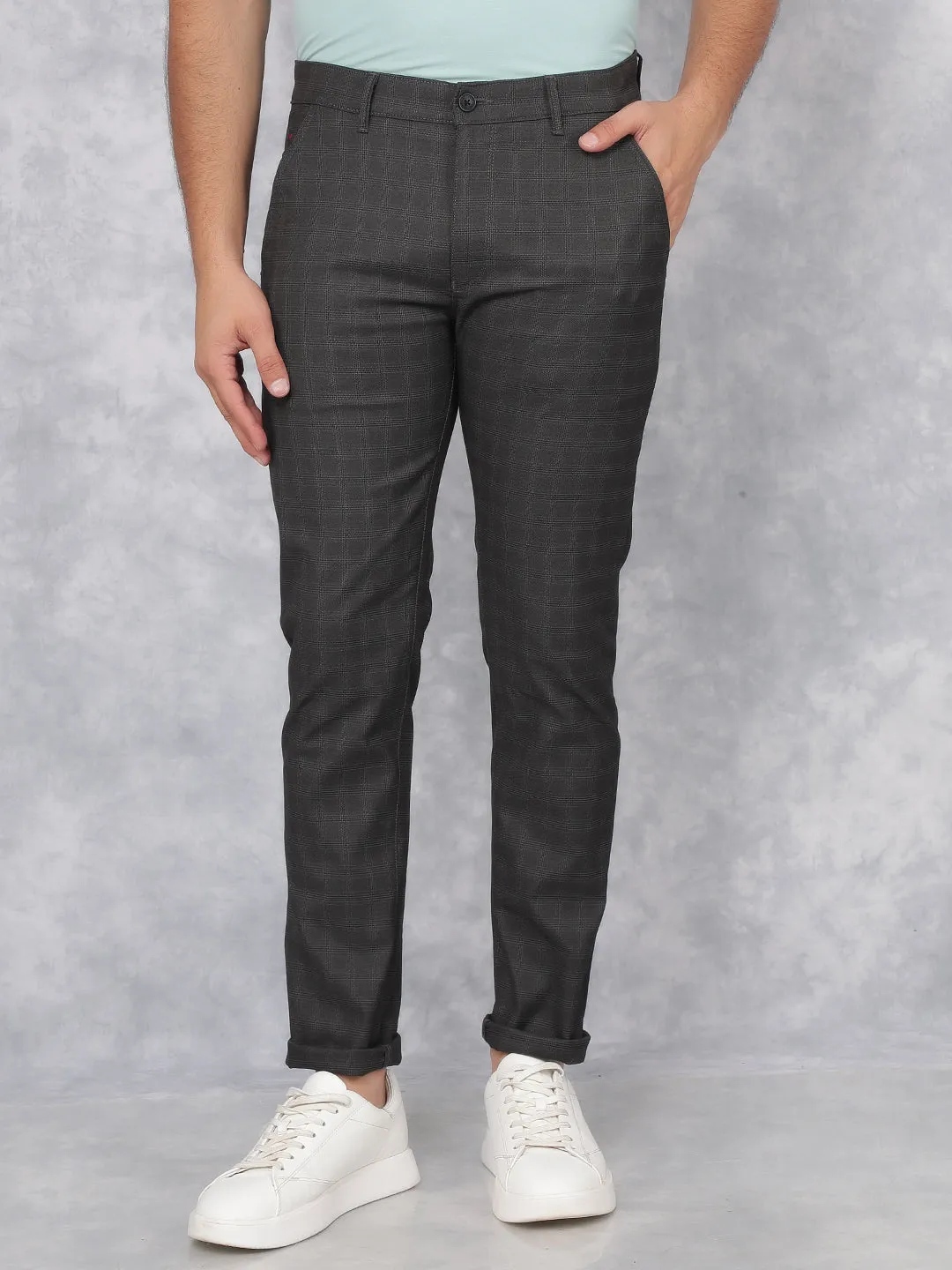 Grey Checkered Chinos Trousers