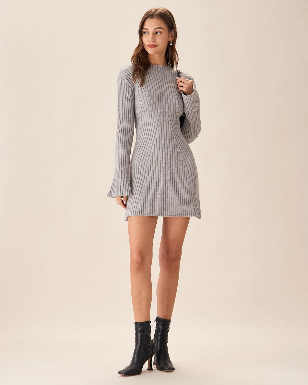 Grey Crew Neck Bell Sleeve Sweater Dress