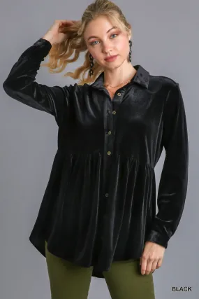 Helen Velvet Collar Button Down Long Sleeve Tunic Dress with High Low Hem - Black