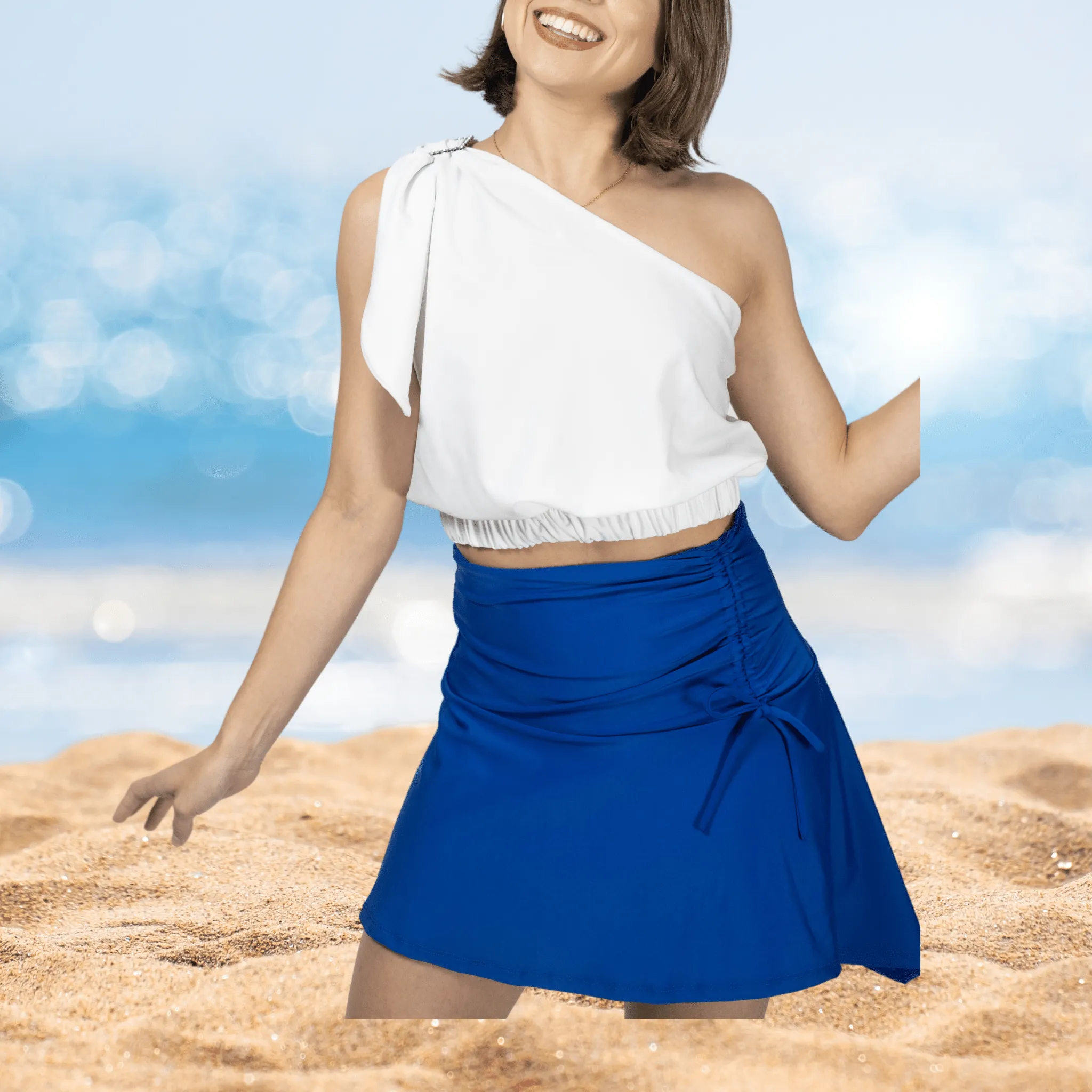 High-Rise Tummy Control Ruched Extra Mini Skirt – Adjustable Asymmetrical Drawstring Skirt Cobalt Blue