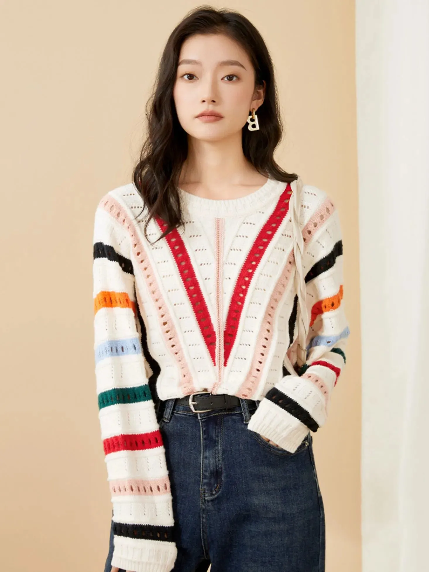 Hollow Out Crothet Knitwear Batwing Sleeve Sweater Luxury Designer Clothes Asymmetric Striped Colorful Loose Pullover C-057