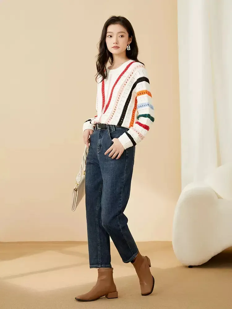 Hollow Out Crothet Knitwear Batwing Sleeve Sweater Luxury Designer Clothes Asymmetric Striped Colorful Loose Pullover C-057