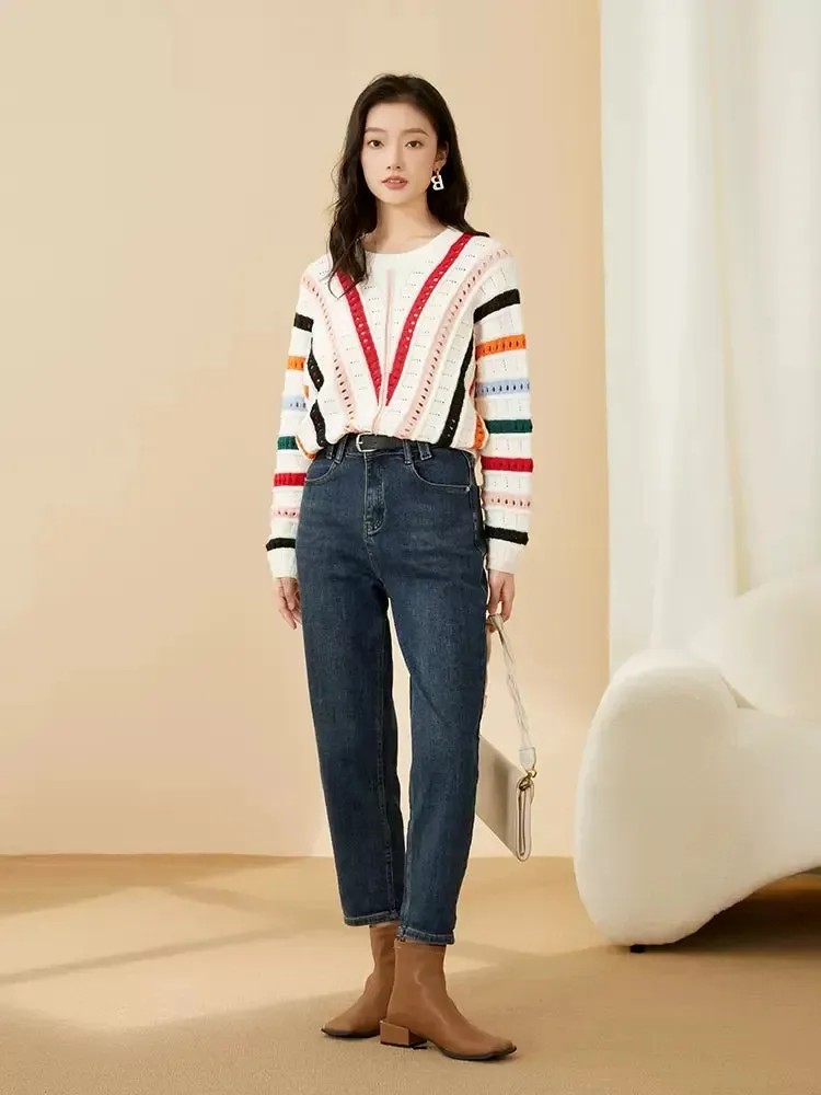 Hollow Out Crothet Knitwear Batwing Sleeve Sweater Luxury Designer Clothes Asymmetric Striped Colorful Loose Pullover C-057