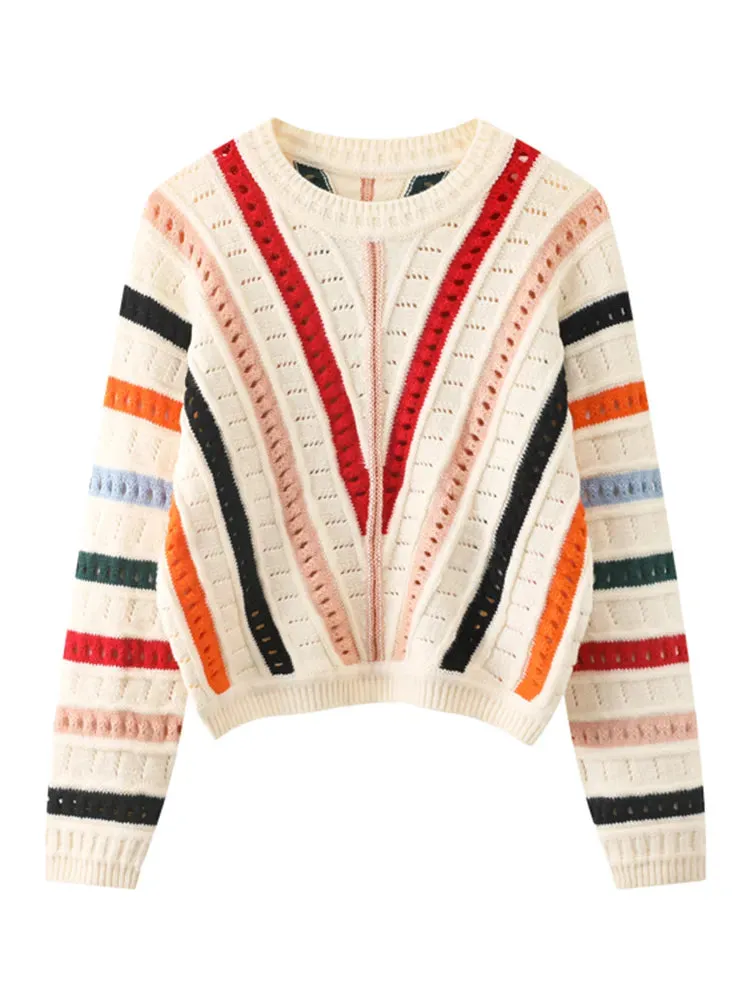 Hollow Out Crothet Knitwear Batwing Sleeve Sweater Luxury Designer Clothes Asymmetric Striped Colorful Loose Pullover C-057