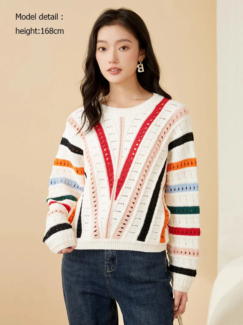 Hollow Out Crothet Knitwear Batwing Sleeve Sweater Luxury Designer Clothes Asymmetric Striped Colorful Loose Pullover C-057