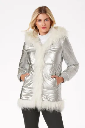 Hooded Metallic Faux Fur Puffer Coat Silver
