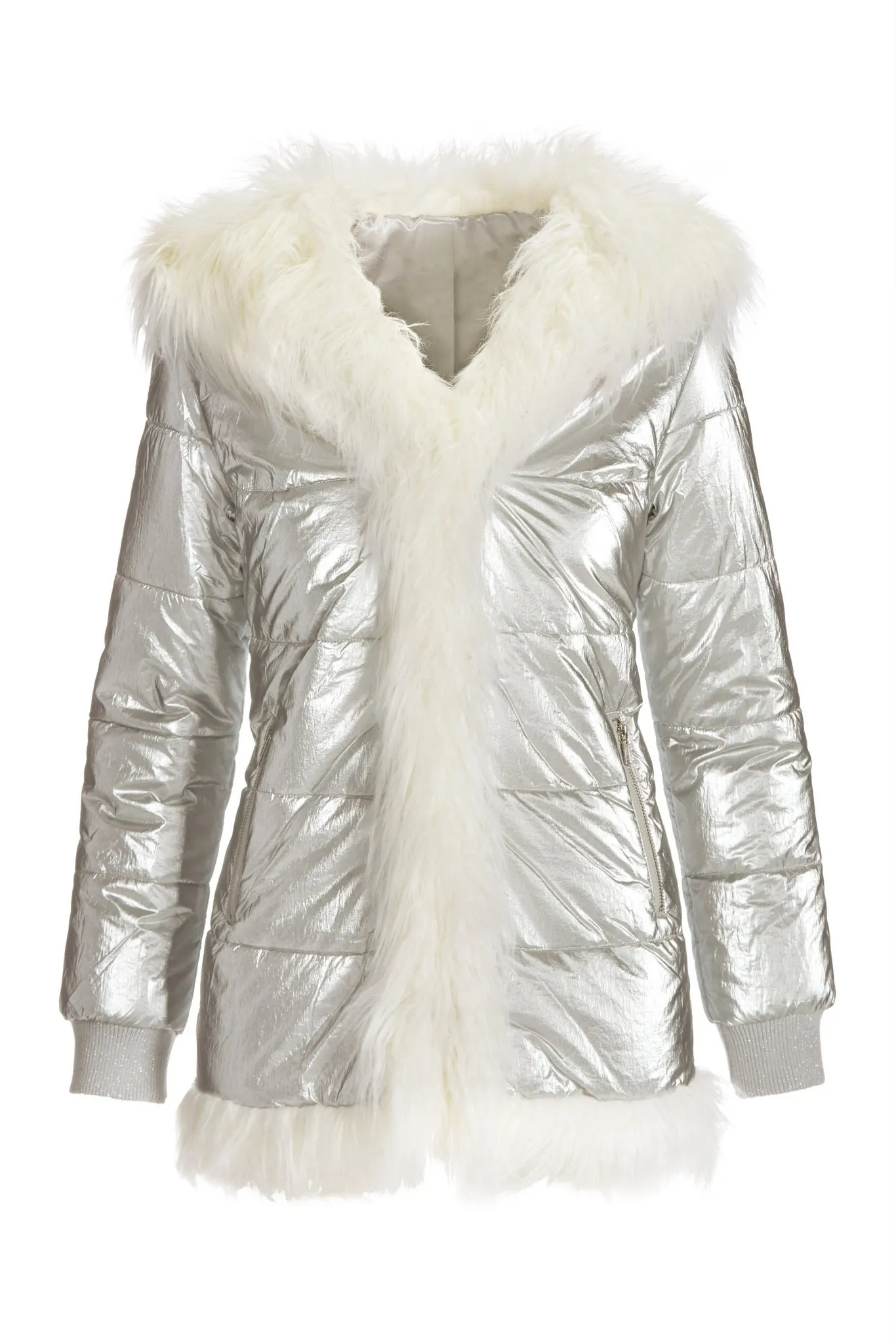 Hooded Metallic Faux Fur Puffer Coat Silver