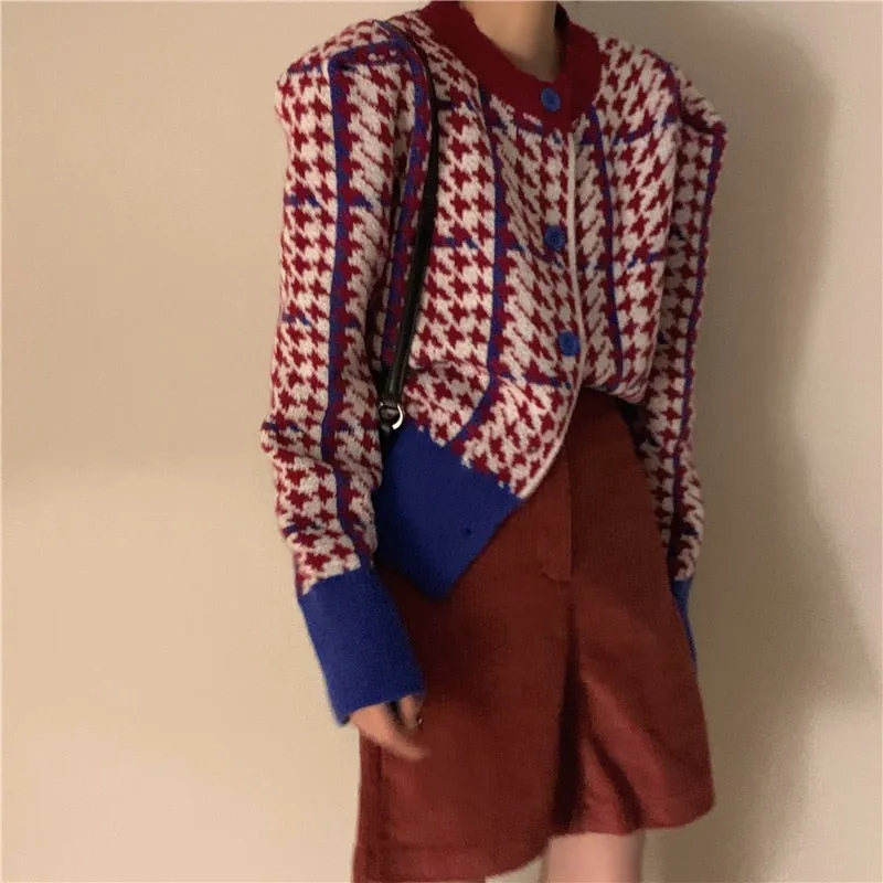 Houndstooth Women Cardigan Sweater Fashion Plaid Loose Korean Single Breasted Patchwork Office Ladies Knitted Coat 2022 New