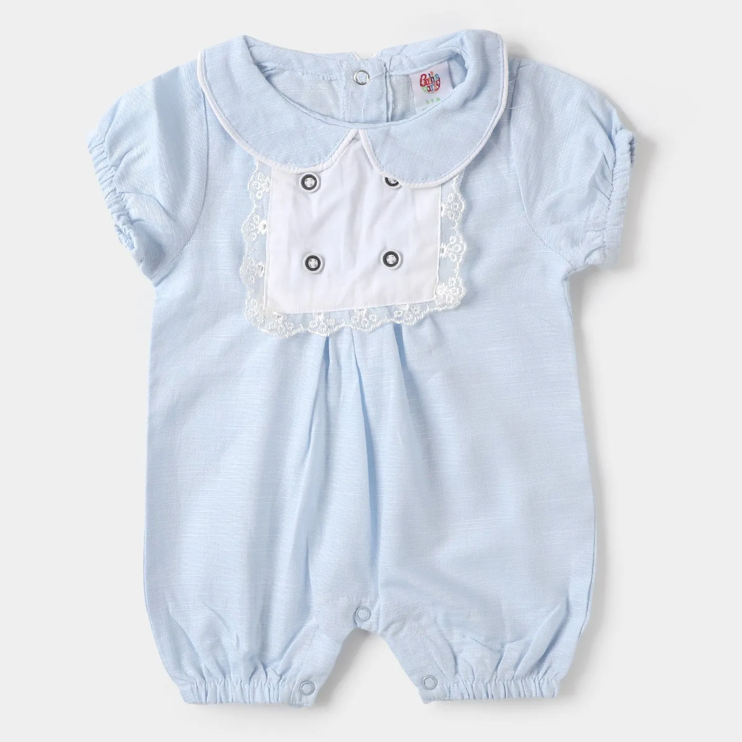 Infant Girls Woven Romper Lace Buttons - SKY BLUE