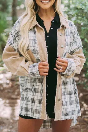 Khaki Distressed Raw Edge Plaid Patchwork Denim Jacket