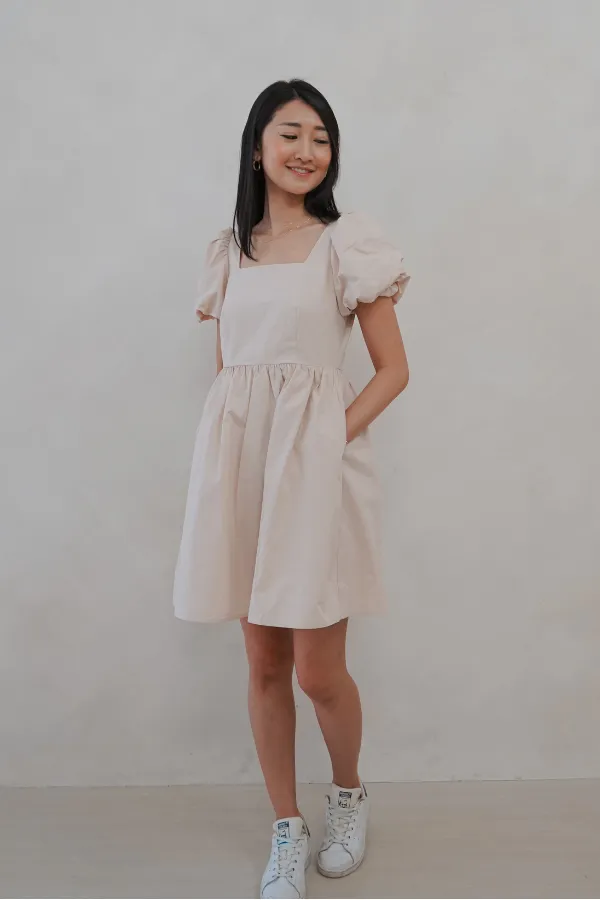 Kinship Puff-Sleeve Babydoll Dress - Warm Beige
