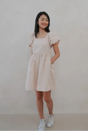 Kinship Puff-Sleeve Babydoll Dress - Warm Beige