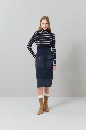 Knee Length Knitted Skirt with Elastic Waist Navy Blue