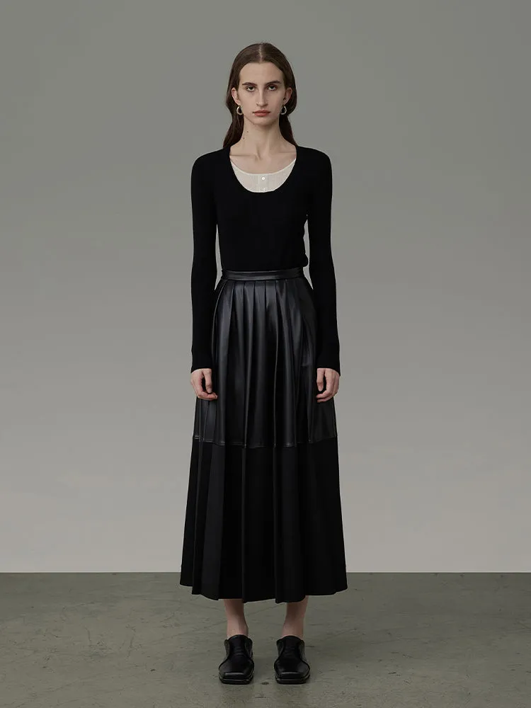 Leather Mix Long Tiered Flare-Skirt