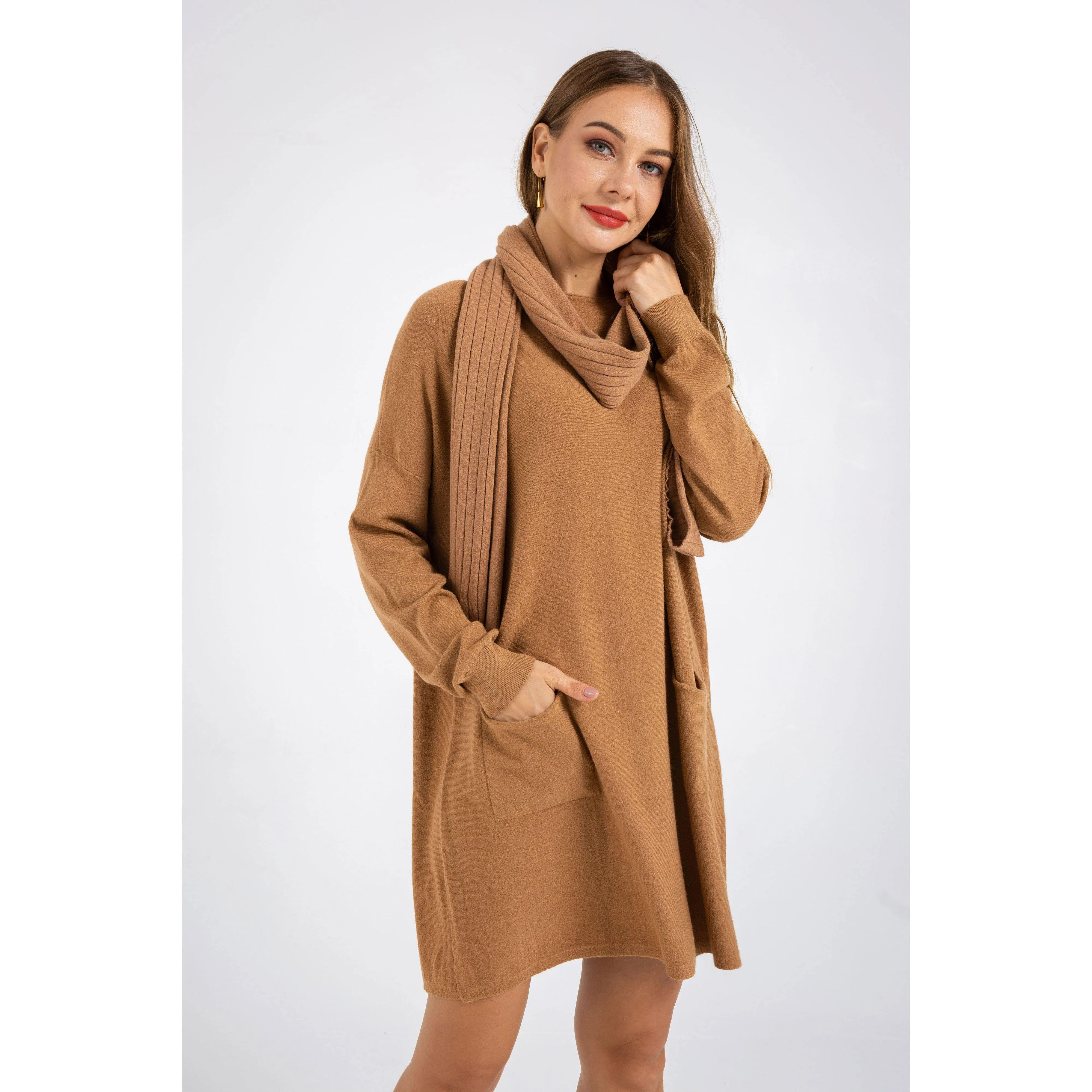 Long Sleeve Dress Knitted Sweater and Scarf