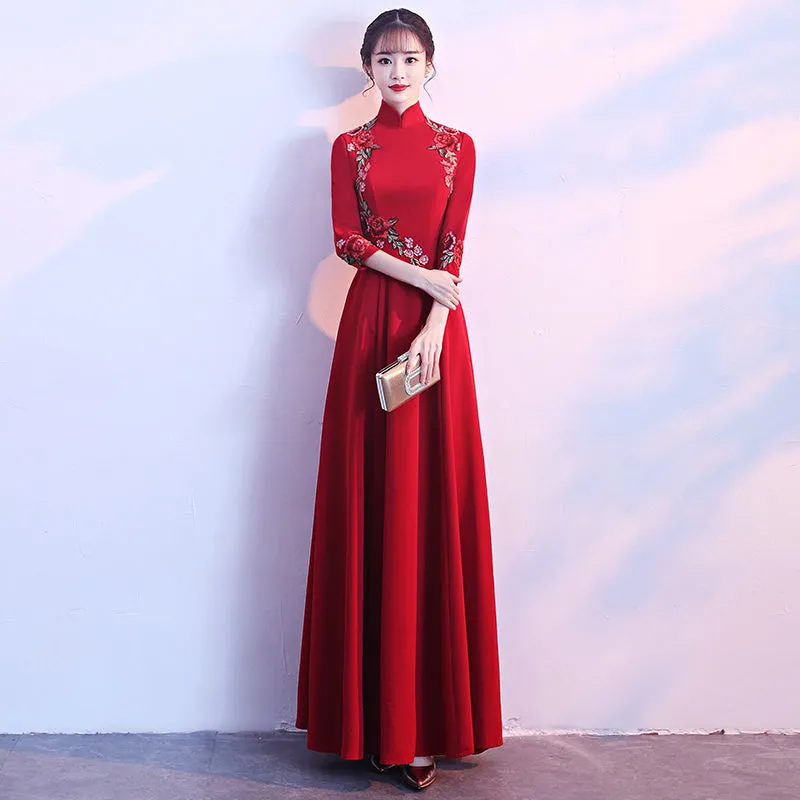 Long Sleeve Floral Embroidery Cheongsam Top Chinese Wedding Party Dress