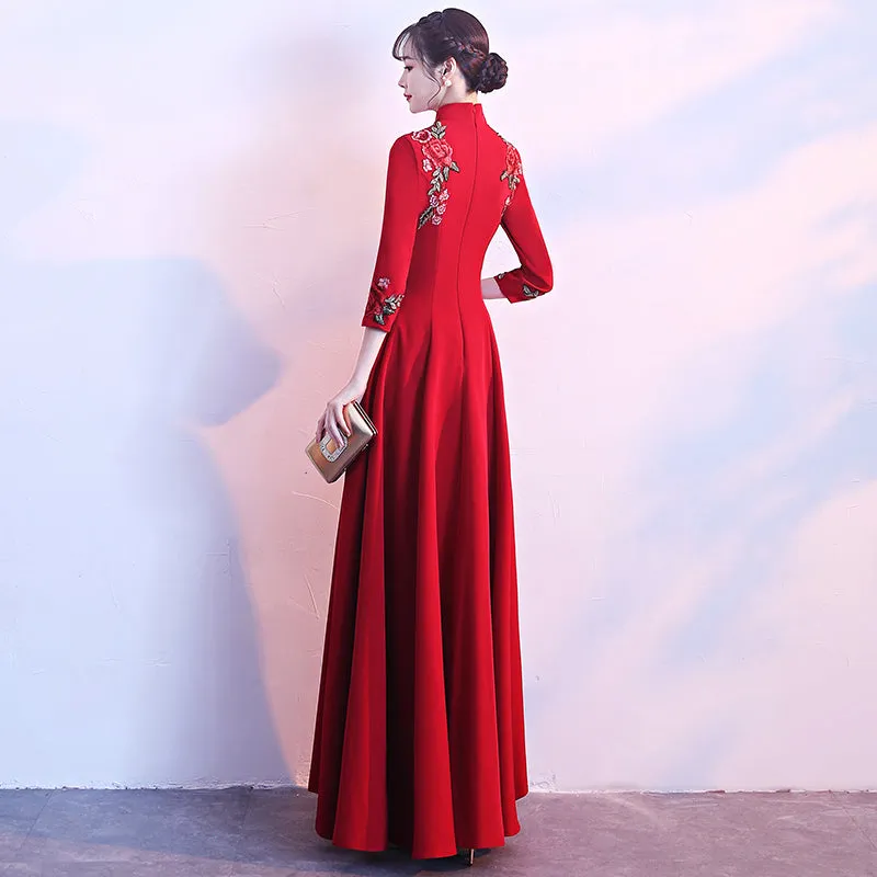 Long Sleeve Floral Embroidery Cheongsam Top Chinese Wedding Party Dress