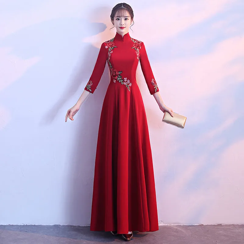 Long Sleeve Floral Embroidery Cheongsam Top Chinese Wedding Party Dress
