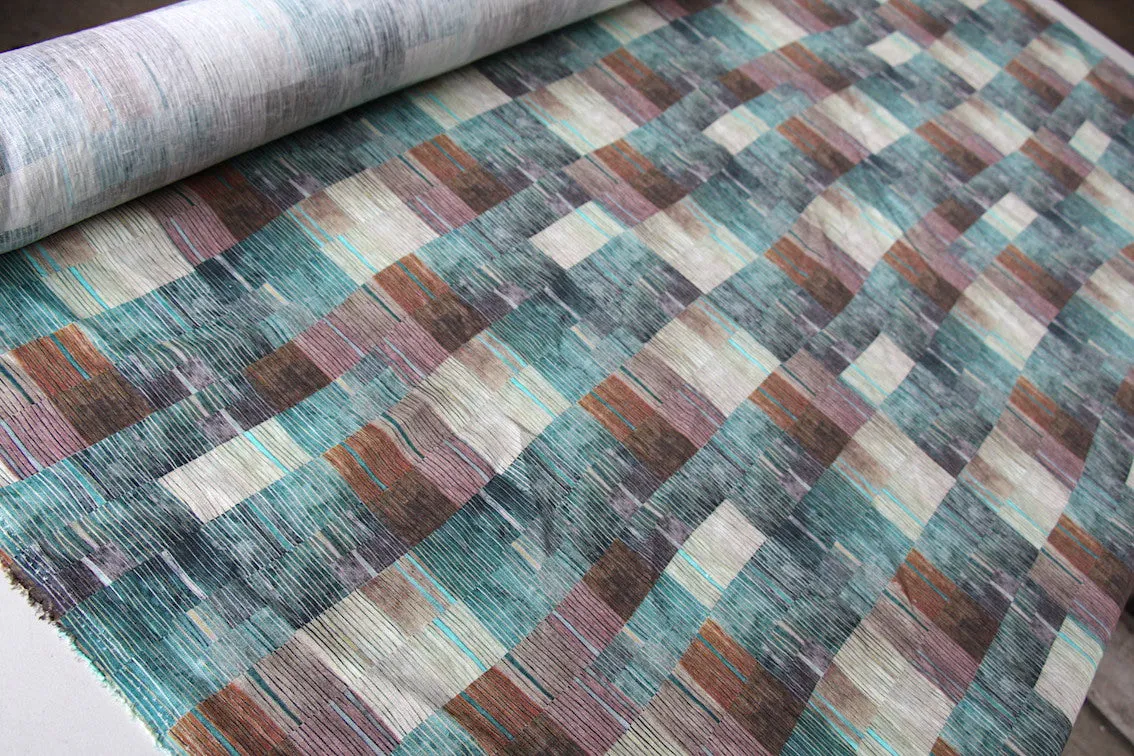 Marching Teal Stripes Washed Printed Linen