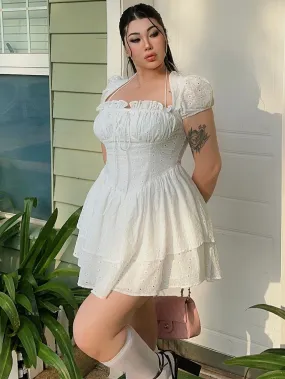 Mariposa Solid Color White Plus Size Square Neck Short Puffed Sleeve Double Layered Pleated Mini Dress