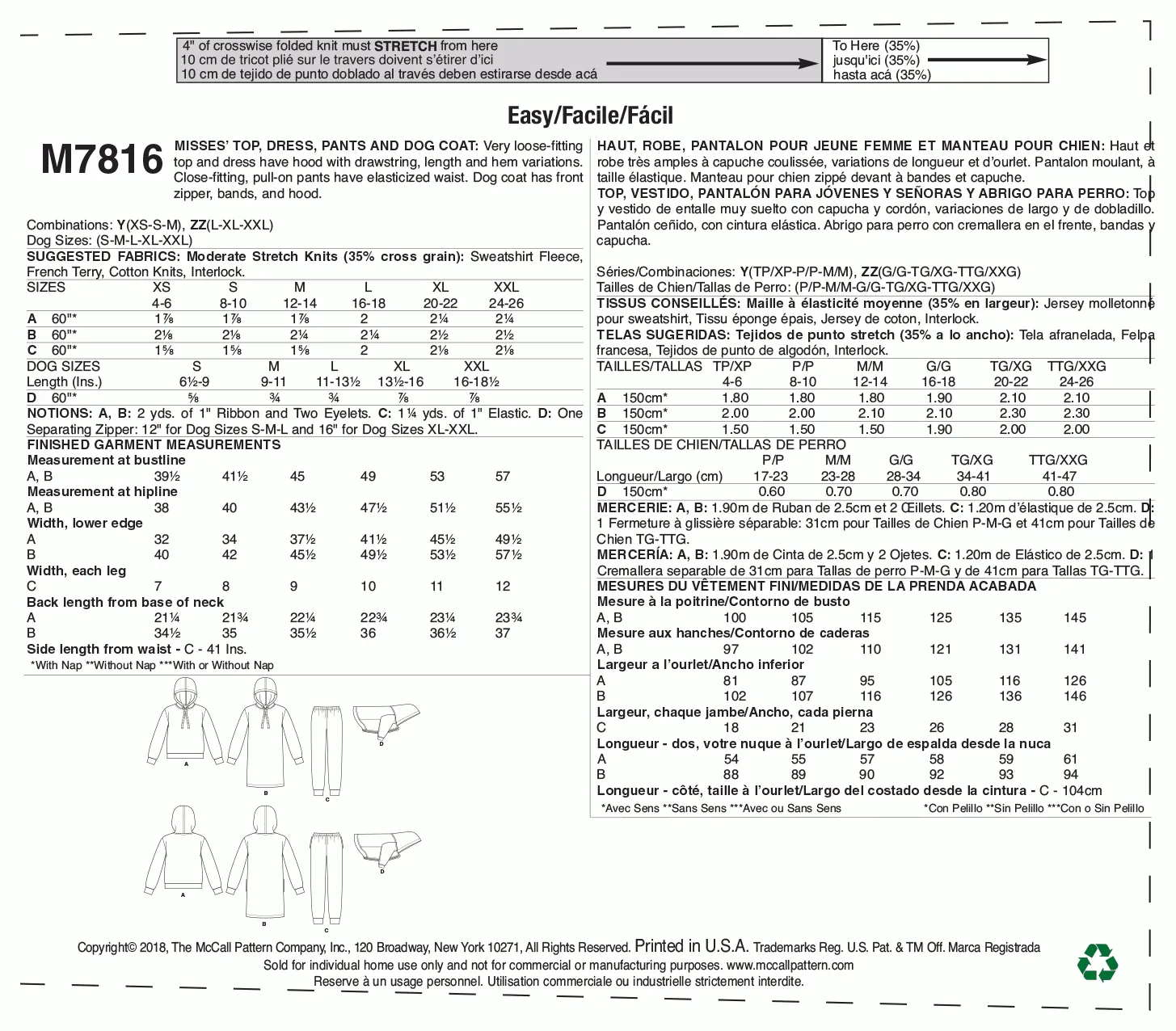 McCall's Pattern M7816 Misses' Top, Dress, Pants and Dog Coat