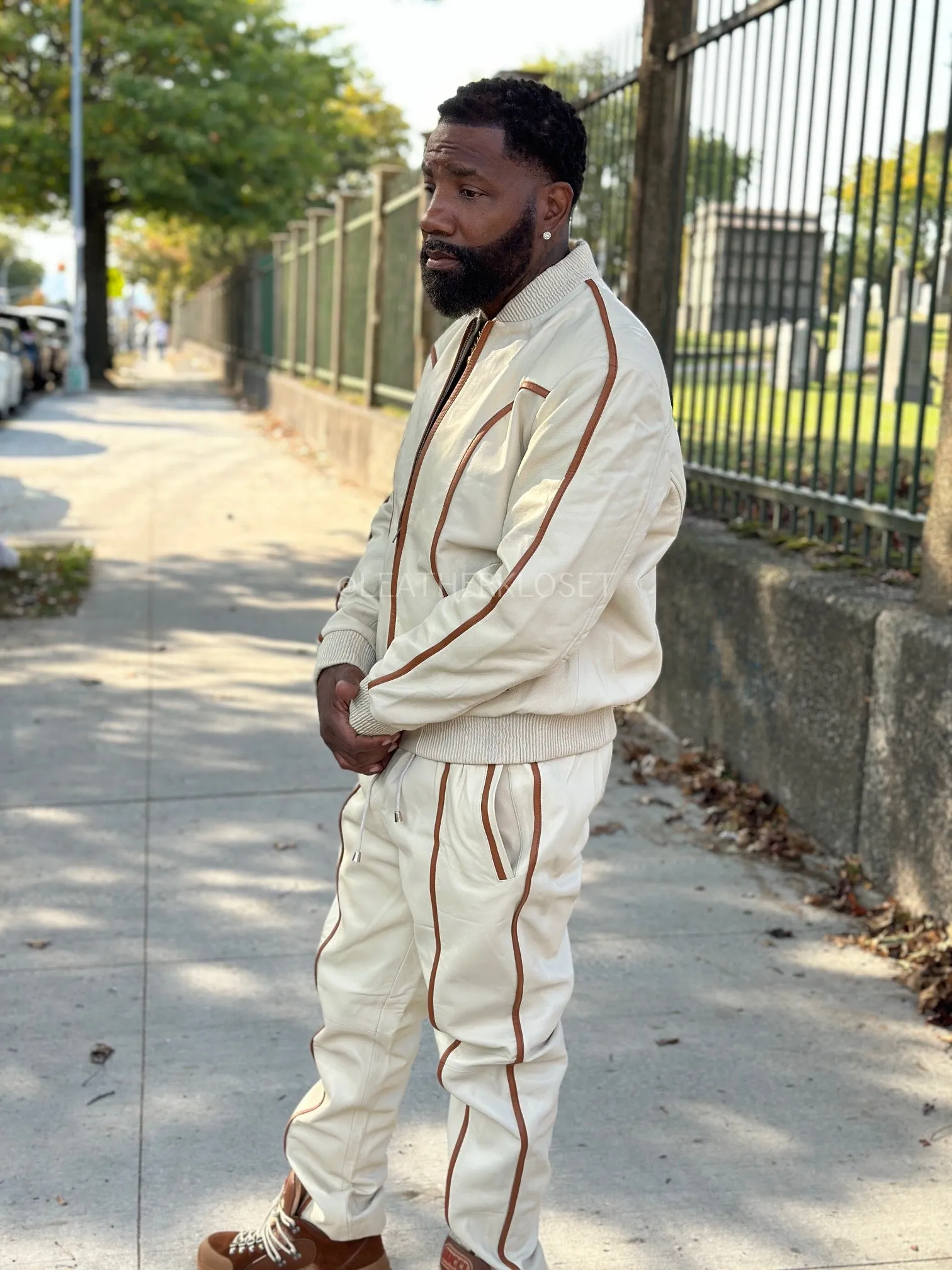 Men's Brayden Leather Track Suit Sweatsuit [Beige/Saddle]