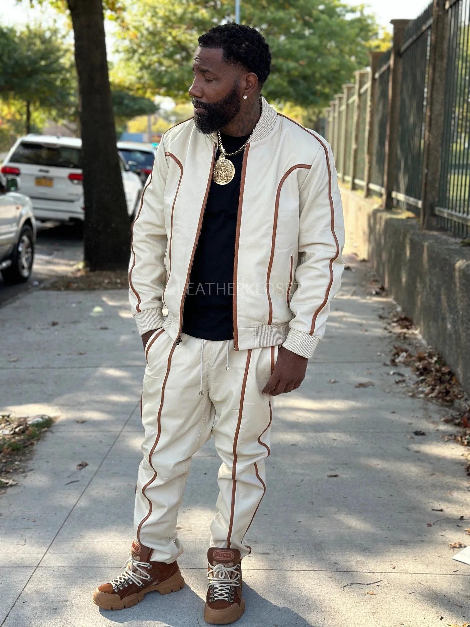 Men's Brayden Leather Track Suit Sweatsuit [Beige/Saddle]
