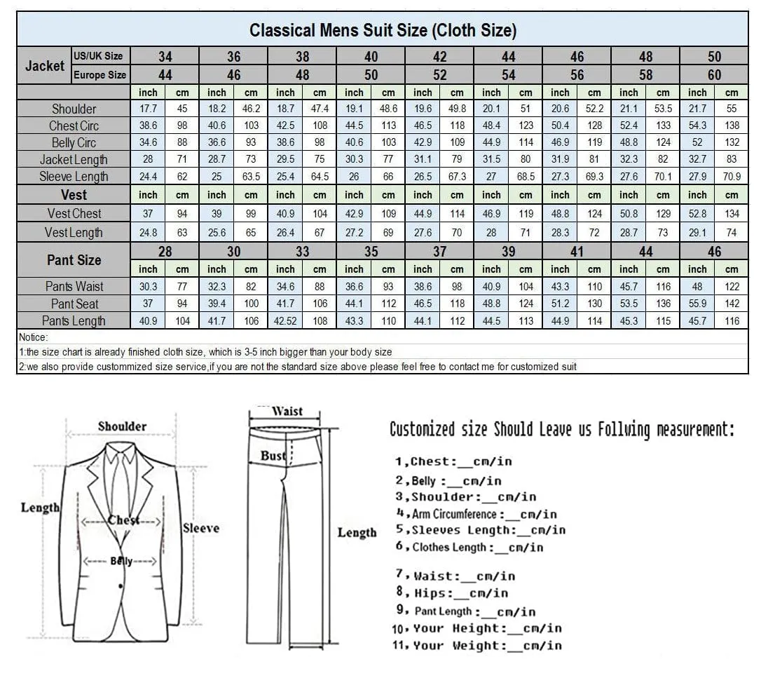 Men's Slim Fit 3 Piece Suit One Button Business Wedding (Blazer vest Pants)
