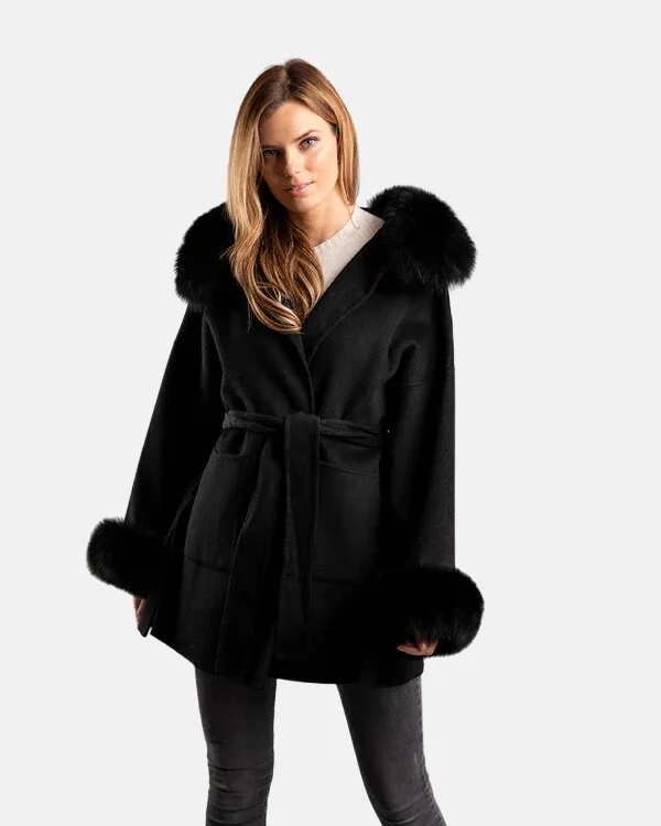 Merible Cashmere Wrap Belt Coat Fox Fur Hood