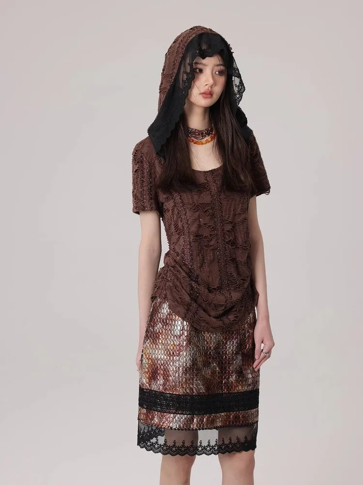 Mesh Lace Flower Crocodile Embroidery Metallic Skirt