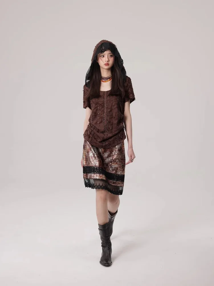 Mesh Lace Flower Crocodile Embroidery Metallic Skirt