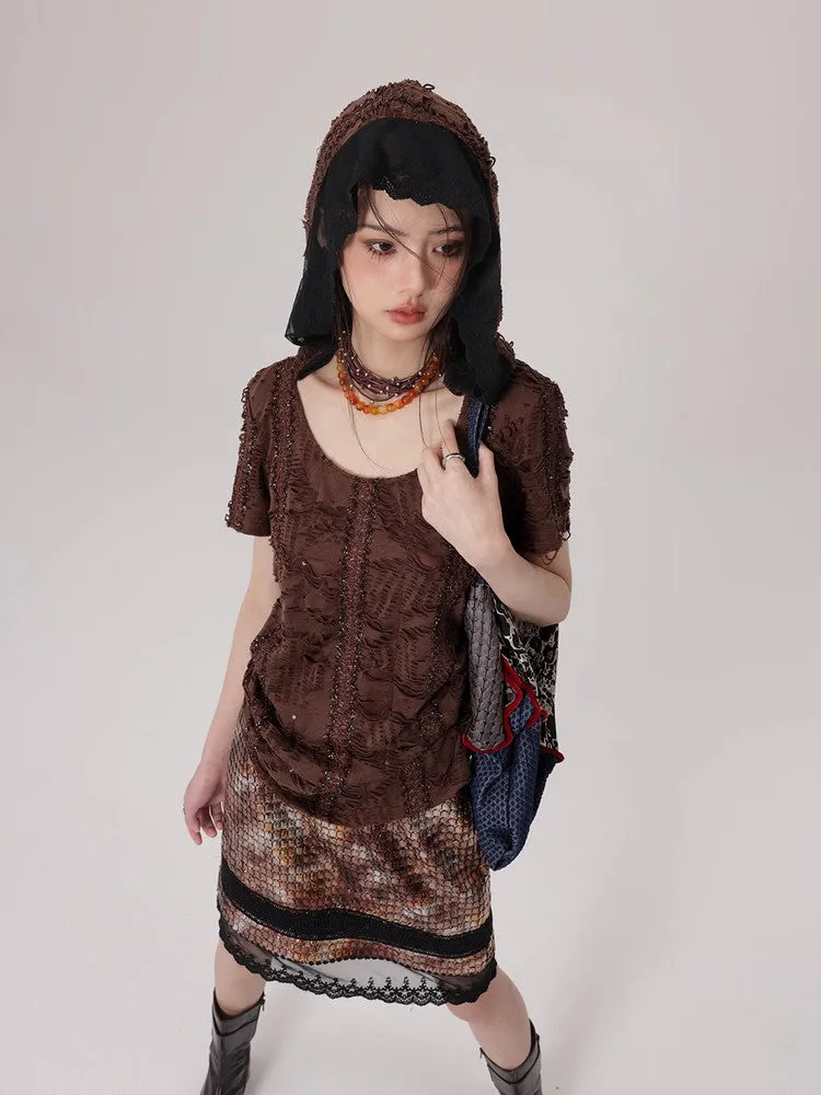 Mesh Lace Flower Crocodile Embroidery Metallic Skirt