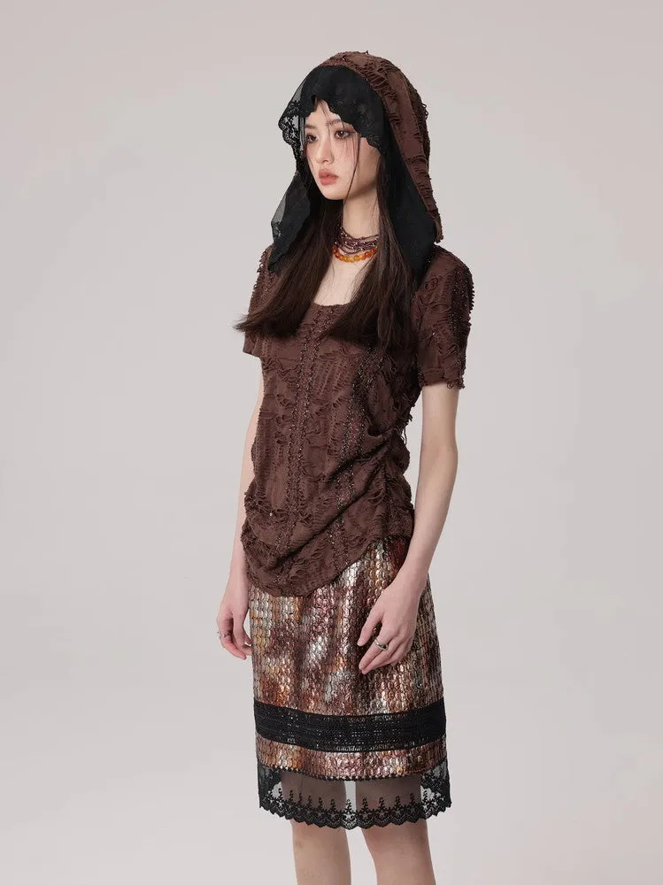 Mesh Lace Flower Crocodile Embroidery Metallic Skirt