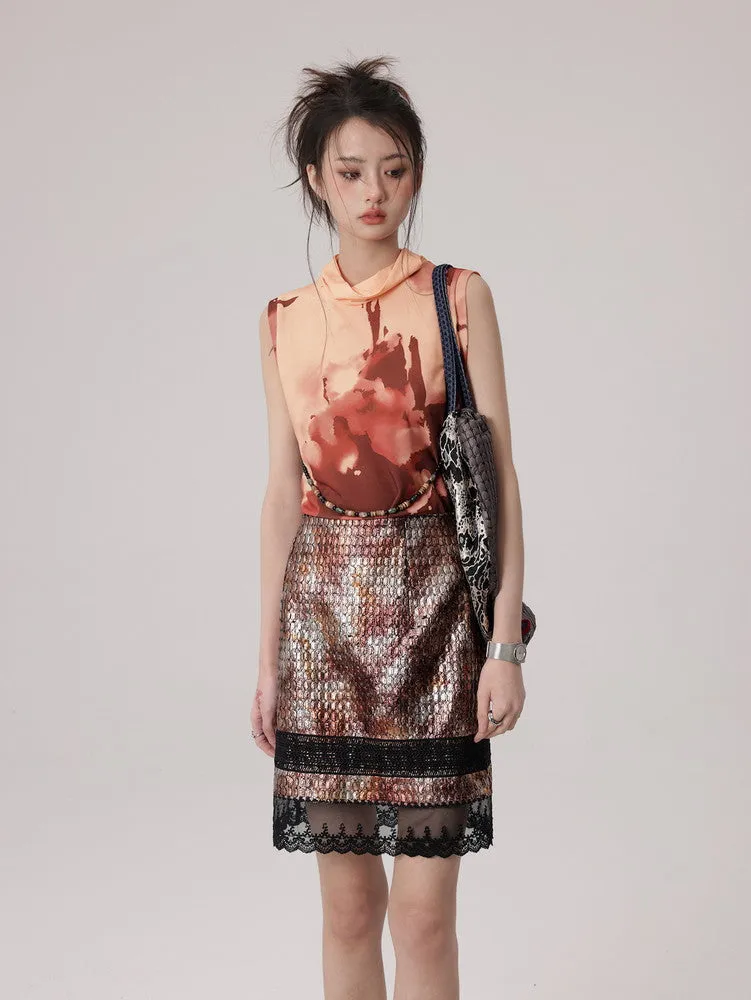 Mesh Lace Flower Crocodile Embroidery Metallic Skirt