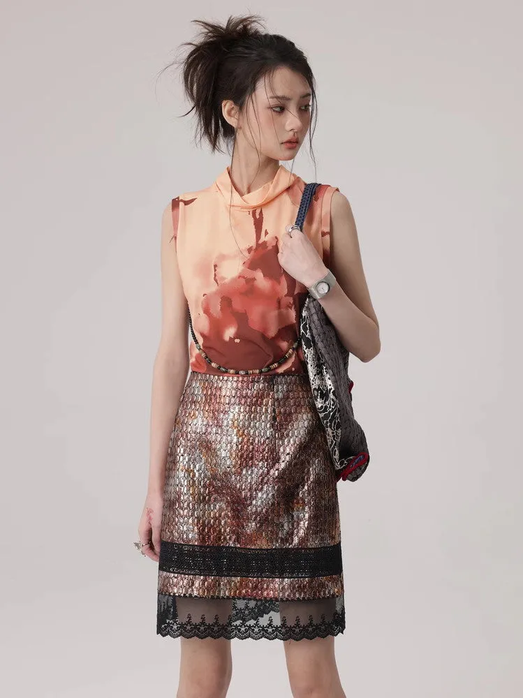 Mesh Lace Flower Crocodile Embroidery Metallic Skirt