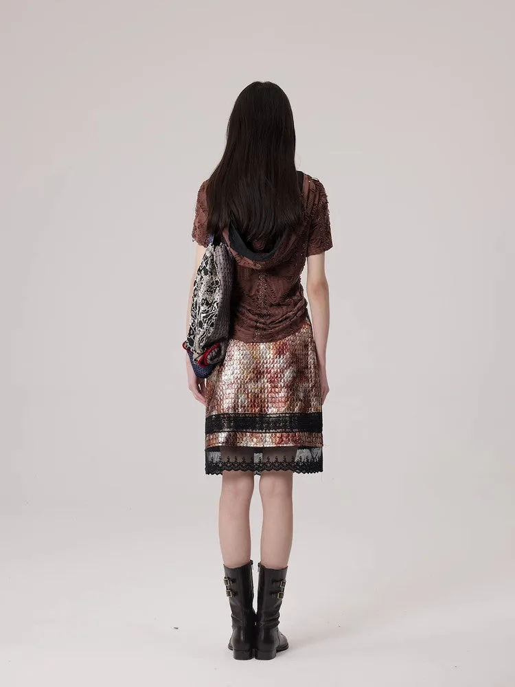Mesh Lace Flower Crocodile Embroidery Metallic Skirt