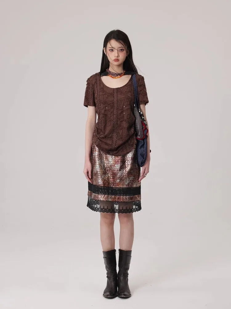 Mesh Lace Flower Crocodile Embroidery Metallic Skirt