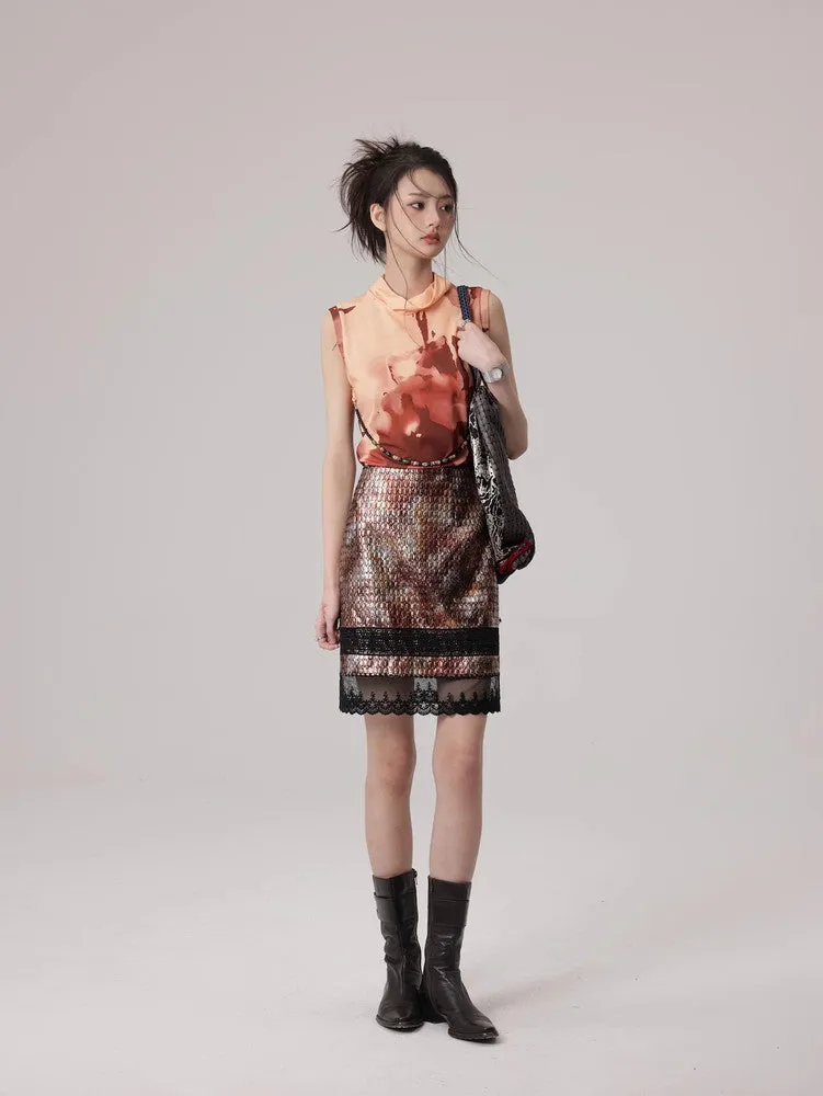 Mesh Lace Flower Crocodile Embroidery Metallic Skirt